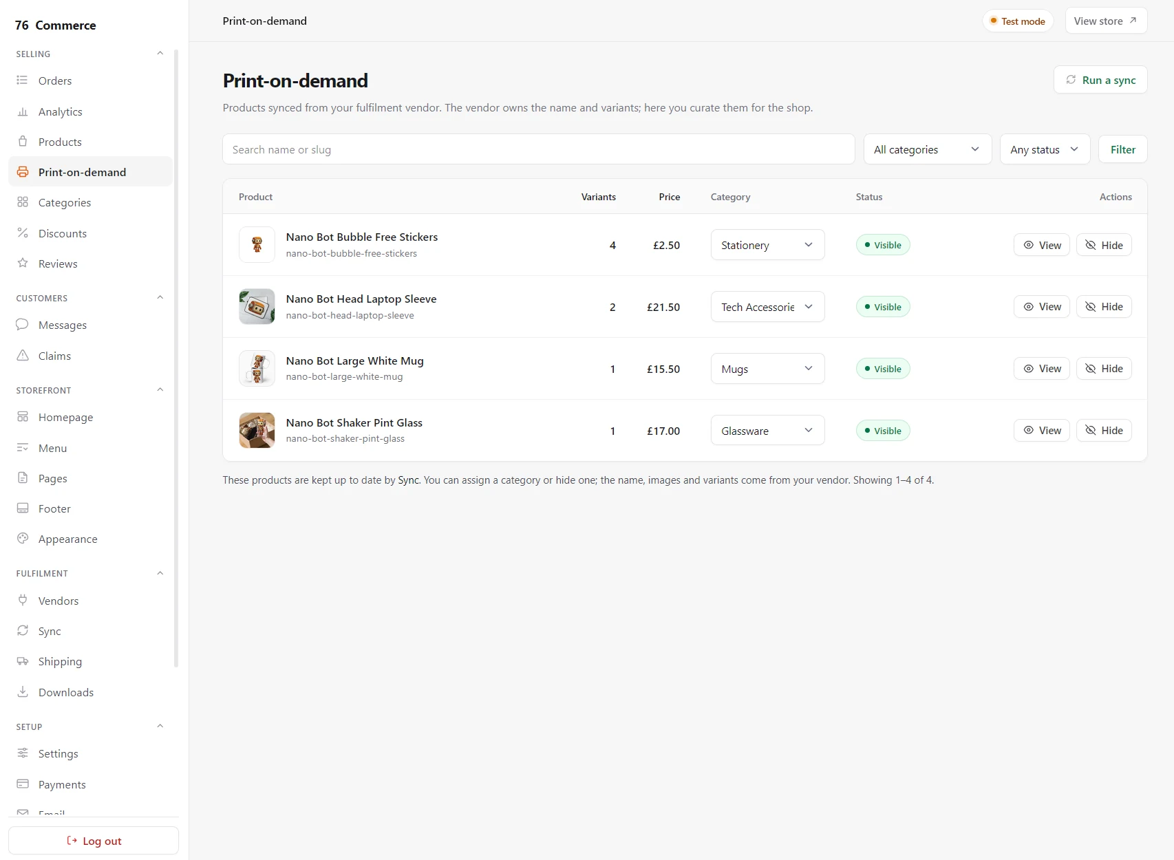 The 76 Commerce admin on the print-on-demand screen, showing synced products with category and visibility controls, and the full admin menu down the left