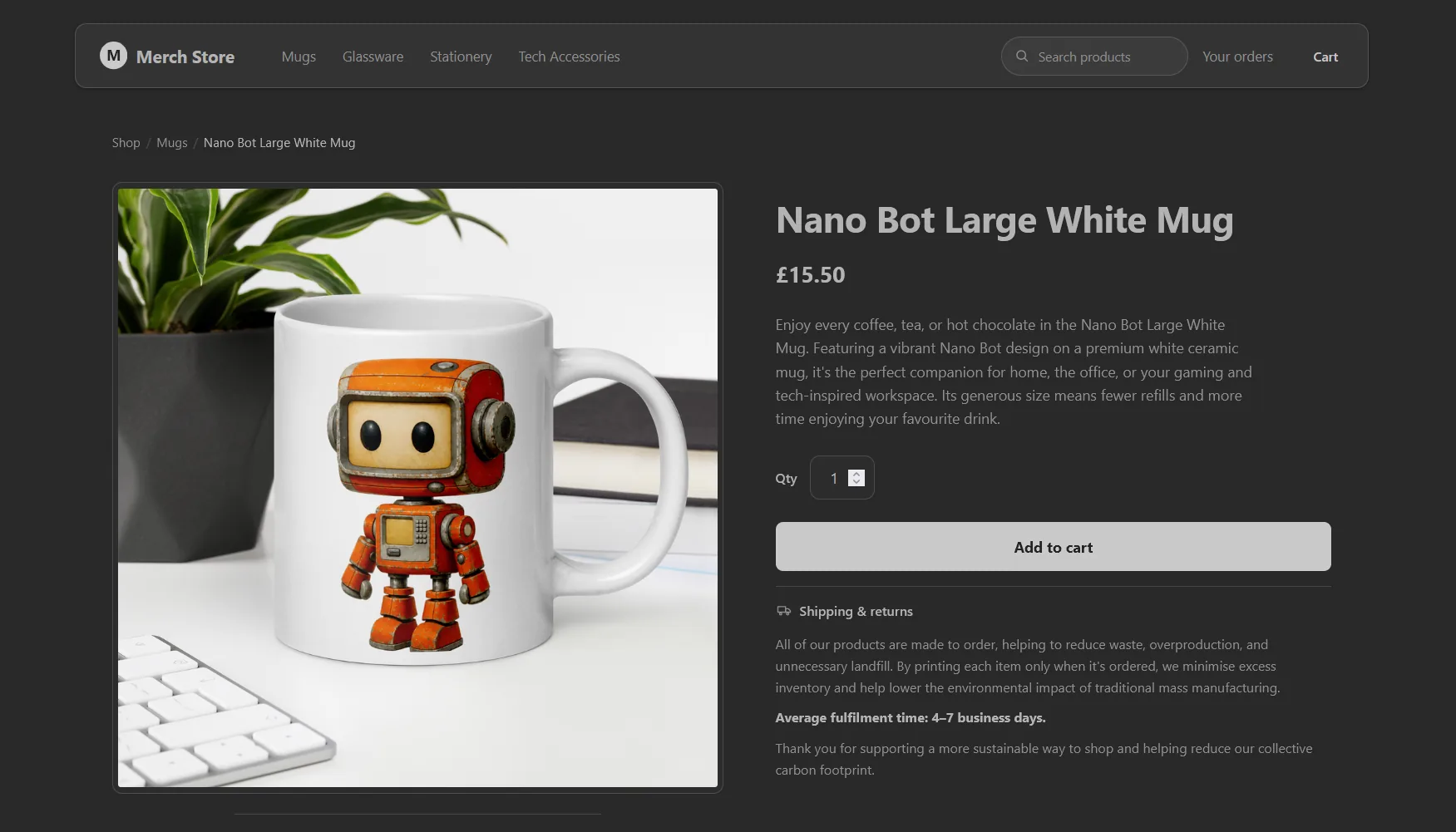 The same 76 Commerce product page in the Nano Dark theme, with identical layout on a dark background