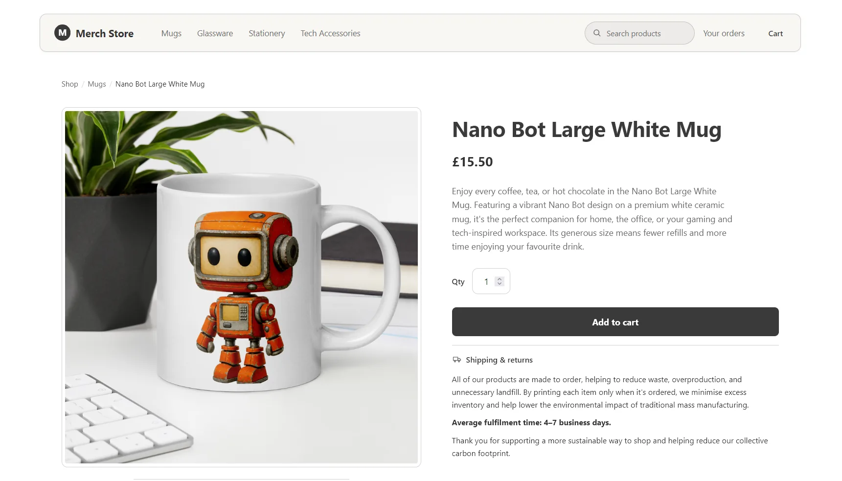 A 76 Commerce product page in the Nano Light theme: breadcrumbs, large gallery image, price, description, quantity stepper and add to cart button