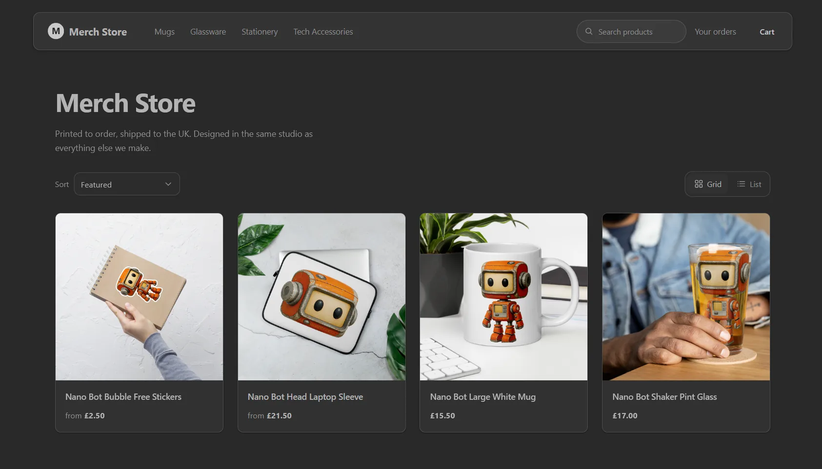 The same 76 Commerce storefront in the Nano Dark theme, with identical layout on a dark background
