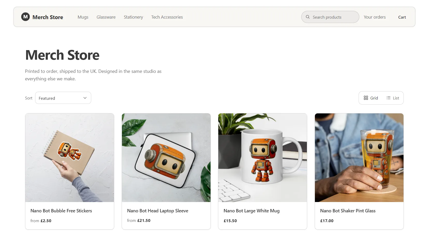 A 76 Commerce storefront: shop navigation with search and cart, category links, and a row of print-on-demand products with prices